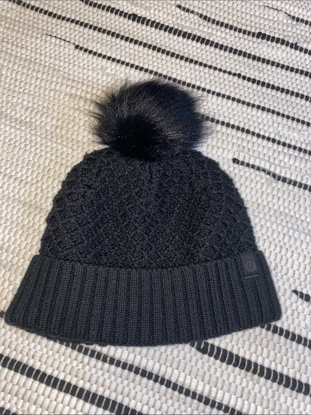Lululemon Merino Wool Black Knit Beanie with Faux Fur Pom